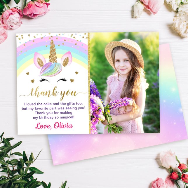 Rainbow Unicorn Gold Glitter Girl Birthday Photo Thank You Card (Creator Uploaded)