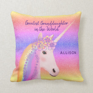Rainbow Unicorn Greatest Granddaughter Custom Name Cushion