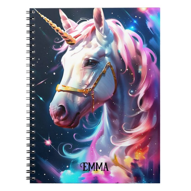 Rainbow Unicorn Head Custom Name Notebook (Front)
