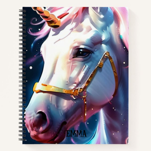 Rainbow Unicorn Head Custom Name Notebook (Front)