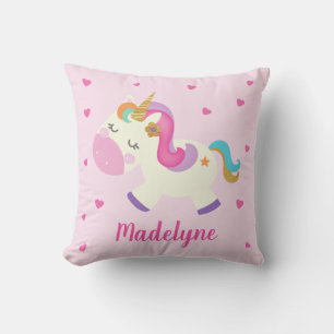 Rainbow Unicorn Hearts Personalised Pink Cushion