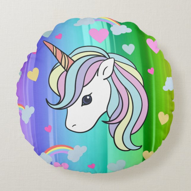 Rainbow Unicorn Hearts Print Round Pillow (Front)