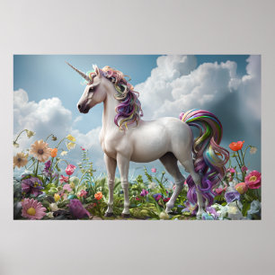 Rainbow Unicorn in Flower Meadow – Fantasy Pastel  Poster