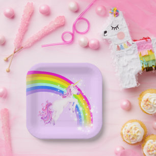 Rainbow unicorn jumping purple sky paper plate