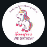 Rainbow Unicorn Kids Birthday Party Favour Classic Round Sticker<br><div class="desc">Cute party favours for kids,  boys or girls who love unicorn. Perfect for kids birthday party,  party favours and thank you label. You can also customise the text for baby shower or other occasion and party.</div>