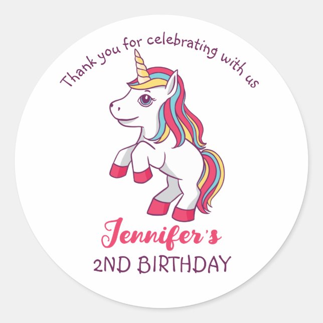Rainbow Unicorn Kids Birthday Party Favour Classic Round Sticker (Front)