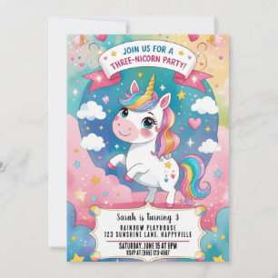 Rainbow Unicorn Magical 3rd Birthday Unicorn  Invitation