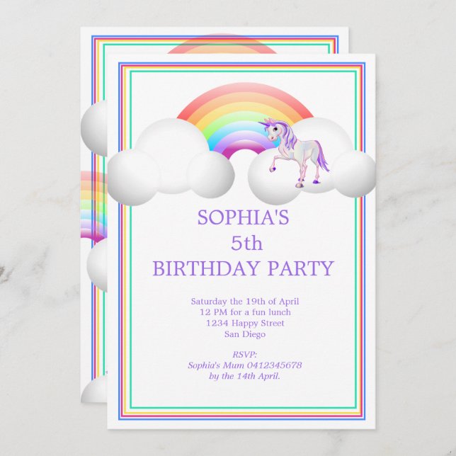 Rainbow Unicorn Magical  Cute  Birthday Invitation (Front/Back)