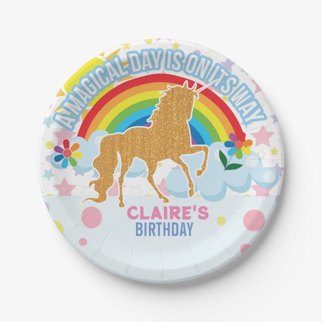 Rainbow Unicorn Magical Girls Birthday Party Decor Paper Plate (Front)