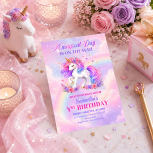 Rainbow Unicorn Pastel Girl Birthday Party Invite
