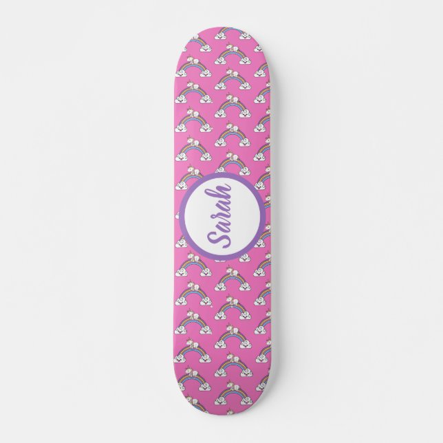 Rainbow Unicorn Pattern Personalised Name Skateboard (Front)
