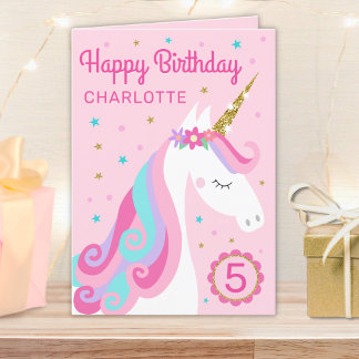 Rainbow Unicorn Personalised Age Pink Birthday Card