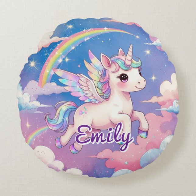 Rainbow Unicorn Personalised Round Pillow  (Front)