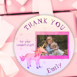 Rainbow Unicorn Personalizable Photo Thank you Classic Round Sticker