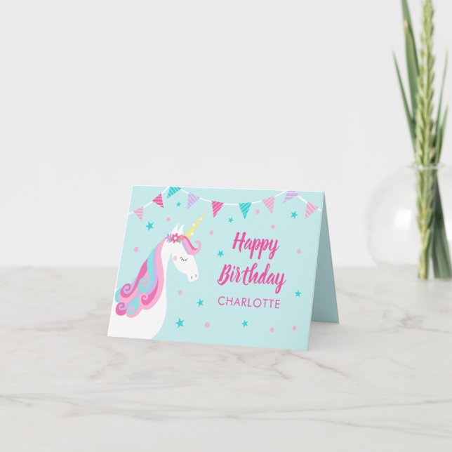 Rainbow Unicorn Personalized Aqua Pink Birthday Card (Front)