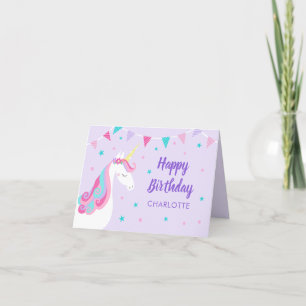 Rainbow Unicorn Personalized Purple Birthday Card