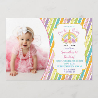 Rainbow Unicorn Photo Birthday Invitations