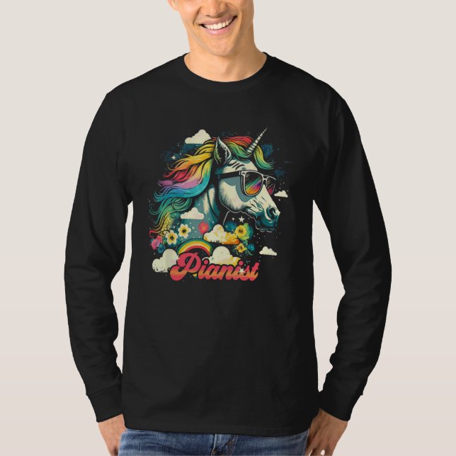 Rainbow Unicorn Pianist Piano T-Shirt (Front)