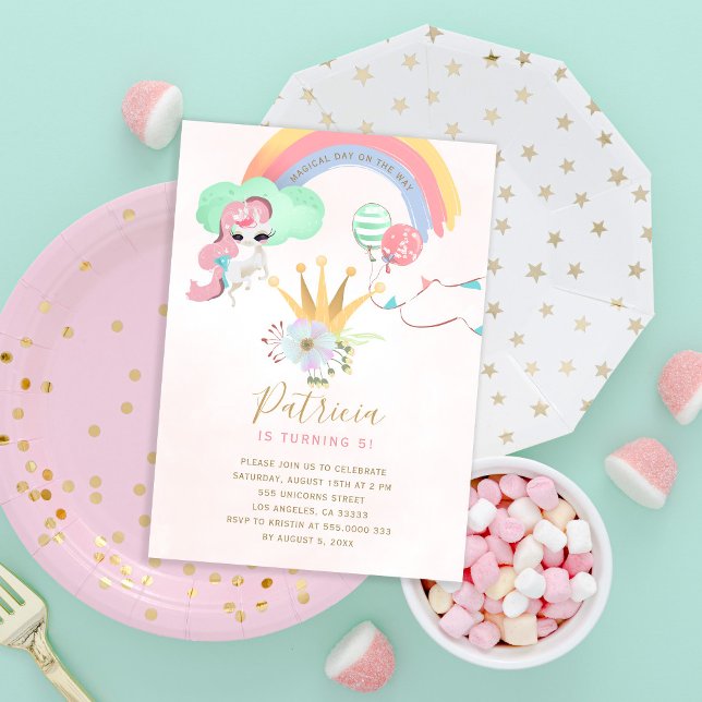 Rainbow unicorn pink and gold girls birthday party invitation (Creator Uploaded)