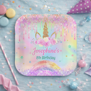Rainbow Unicorn pink aqua birthday square Paper Plate