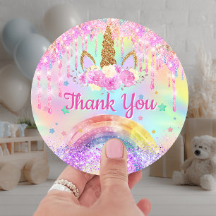 Rainbow Unicorn pink aqua birthday thank you Classic Round Sticker