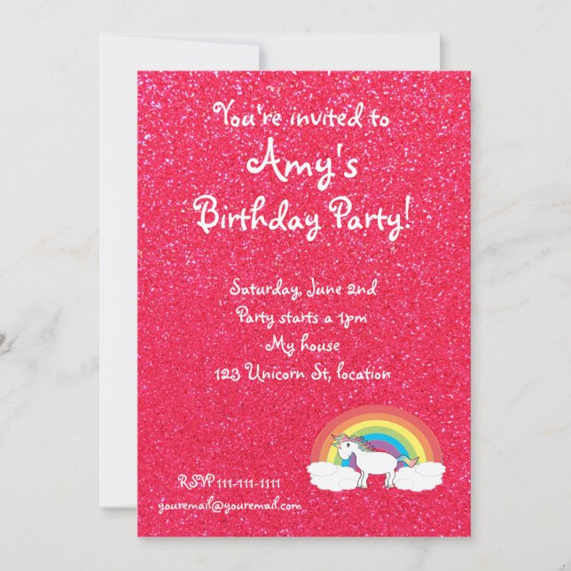 Rainbow unicorn pink glitter invitation (Front)