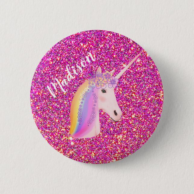 Rainbow Unicorn Pink Glitter Magical Birthday Girl 6 Cm Round Badge (Front)