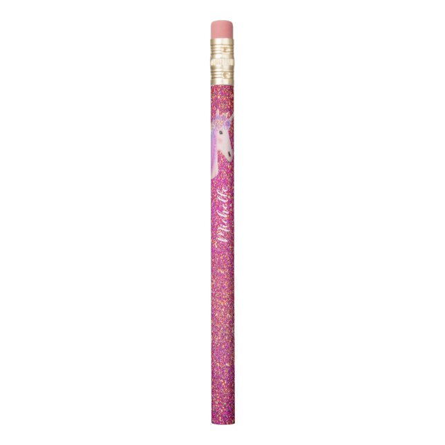 Rainbow Unicorn Pink Glitter Sparkles Personalised Pencil (Vertical)