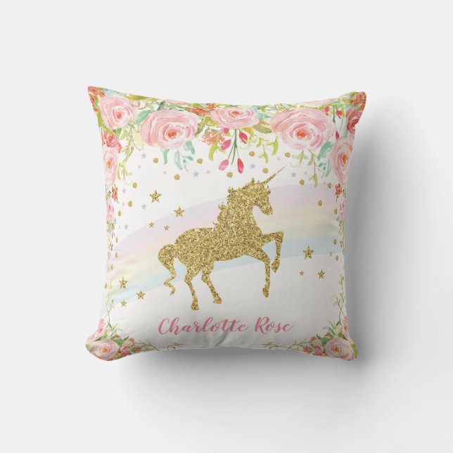 Rainbow Unicorn Pink Gold Baby Girl Nursery Decor Cushion (Front)