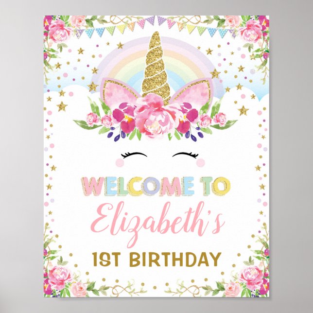 Rainbow Unicorn Pink Gold Floral Birthday Welcome Poster (Front)