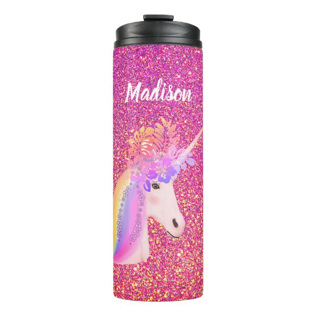 Rainbow Unicorn Pink Gold Glitter Floral Name Thermal Tumbler (Front)