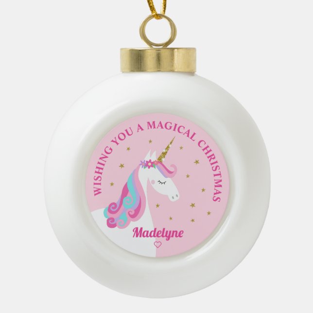 Rainbow Unicorn Pink Personalised Christmas Ceramic Ball Christmas Ornament (Front)