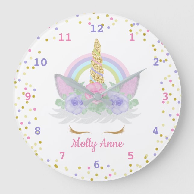 Rainbow Unicorn Pink, Purple & Gold Confetti Dots Large Clock (Front)