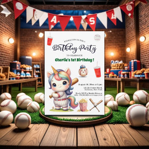 Rainbow Unicorn playing Baseball 1st Birthday Invitation