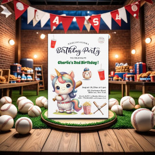 Rainbow Unicorn playing Baseball 2nd Birthday Invitation