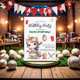 Rainbow Unicorn playing Baseball 9th Birthday Invitation