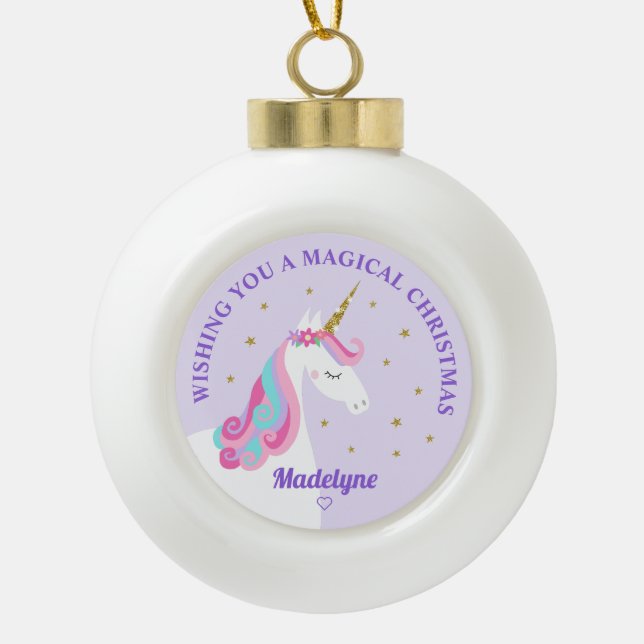 Rainbow Unicorn Purple Personalised Christmas Ceramic Ball Christmas Ornament (Front)
