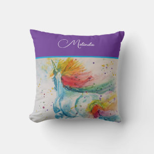 Rainbow Unicorn Purple Watercolor Girls Birthday Cushion
