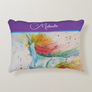 Rainbow Unicorn Purple Watercolor Girls Birthday Decorative Cushion