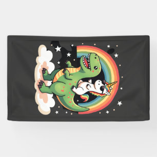 Rainbow Unicorn Riding T rex - Dinosaur Boys Girls Banner