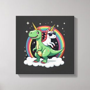 Rainbow Unicorn Riding T rex - Dinosaur Boys Girls Canvas Print