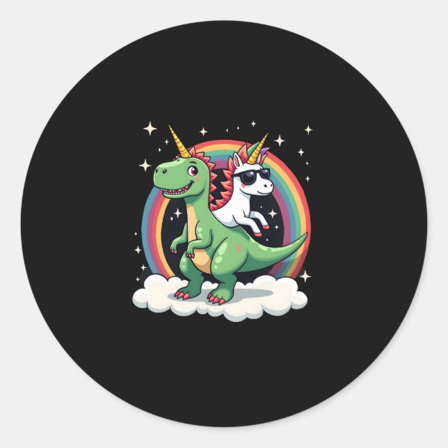 Rainbow Unicorn Riding T rex - Dinosaur Boys Girls Classic Round Sticker (Front)