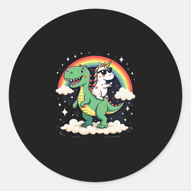 Rainbow Unicorn Riding T rex - Dinosaur Boys Girls Classic Round Sticker (Front)