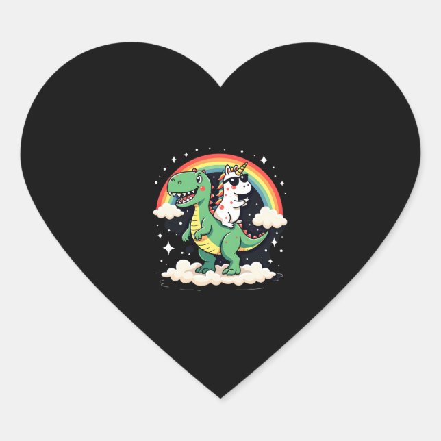 Rainbow Unicorn Riding T rex - Dinosaur Boys Girls Heart Sticker (Front)
