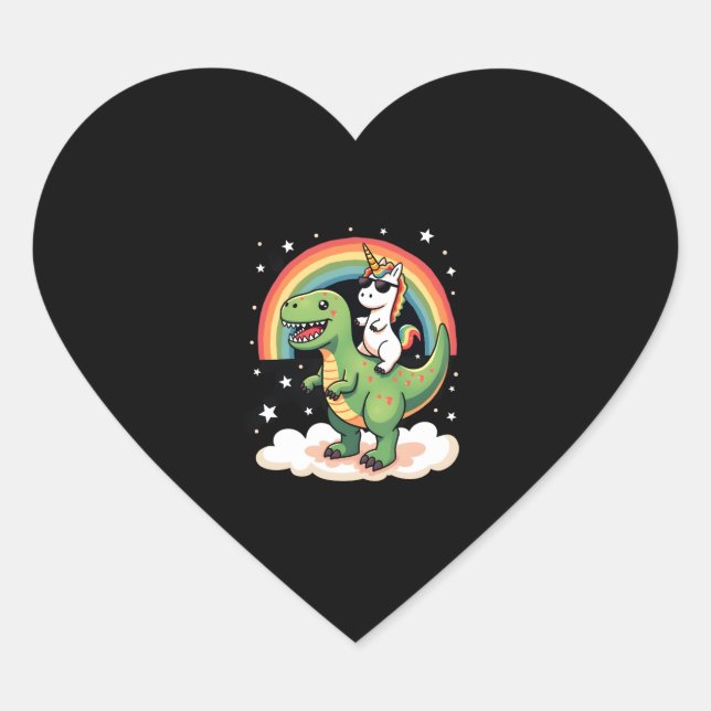 Rainbow Unicorn Riding T rex - Dinosaur Boys Girls Heart Sticker (Front)