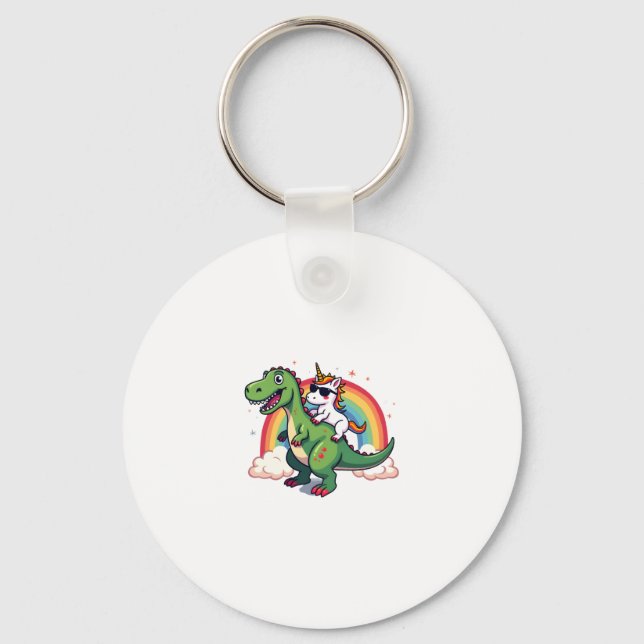 Rainbow Unicorn Riding T rex - Dinosaur Boys Girls Key Ring (Front)