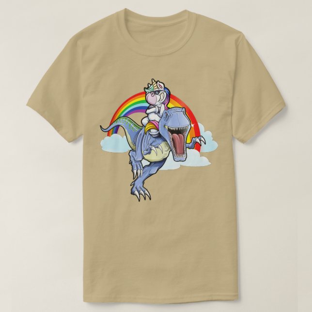 Rainbow Unicorn Riding T rex Dinosaur Boys Girls M T-Shirt (Design Front)