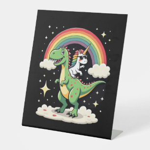Rainbow Unicorn Riding T rex - Dinosaur Boys Girls Pedestal Sign