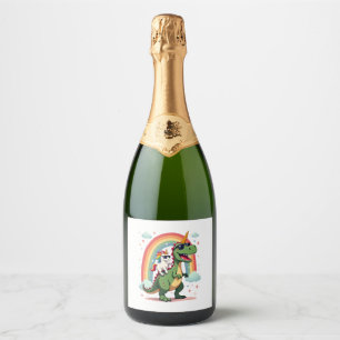 Rainbow Unicorn Riding T rex - Dinosaur Boys Girls Sparkling Wine Label