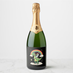 Rainbow Unicorn Riding T rex - Dinosaur Boys Girls Sparkling Wine Label